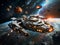 galactic cruiser traveling into a asteroids field, sci-fi scenery, generative ai illustration, space exploration