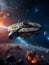 galactic cruiser traveling into a asteroids field, sci-fi scenery, generative ai illustration, space exploration