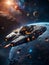 galactic cruiser traveling into a asteroids field, sci-fi scenery, generative ai illustration, space exploration