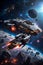 galactic cruiser traveling into a asteroids field, sci-fi scenery, generative ai illustration, space exploration