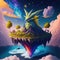 Galactic Guardian: AI-Generated Wolf on an Island in a Rainbow Cloud