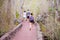 GALAPAGOS, ECUADOR- NOVEMBER, 11 2018: Outdoor view of people waling on a brick pathway leading through the forest to