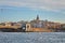 Galata bridge on Golden Horn gulf. Wonderful romantic old town at Sea of Marmara. Bright light of street lighting and various ship