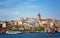 Galata Tower and a seagul flying in the blue sky