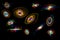 Galaxy Collection. Spiral galaxies background. Whirlpool galaxy, colliding galaxies. Large-scale structure of Multiple Galaxies in