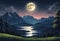 Galaxy Full Moon night landscape background. Northen Lights. AI art