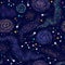 Galaxy seamless deep violet pattern with colorful nebula, constellations and stars