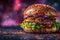 Galaxy-themed gourmet burger with cosmic colors on dark background