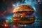 Galaxy-themed gourmet hamburger with cosmic colors and steaming hot appeal