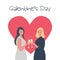 Galentines day. Two young women are drinking wine on a red heart background