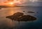 Galesnjak, Croatia - Aerial view of the beautiful heart-shaped island Galesnjak with a colorful dramatic summer sunset