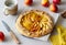 Galette or open pie with peaches. Baking. Vegetarian food