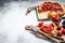 Galette tart with strawberry and rhubarb. Homemade tarte. White background. Top view. Copy space