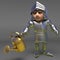 Gallant medieval knight is wateing his plants thoroughly, 3d illustration