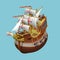 Galleon sailing old ship axonometric vector illustration