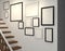 Gallery, blank frames on the wall staircase, 3d rendering, Illustration