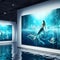 a gallery with paintings of mermaids witi blue tails