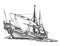 Galley of the ancient. Wooden sailboat with oars. Graphic hand drawing. Vector