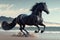 Galloping black horse at the beach. Generative AI