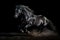 Galloping black stallion horse on dark dust background. Generative AI.