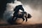 Galloping black stallion horse on dark dust background. Generative AI.