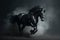 Galloping black stallion horse on dark dust background. Generative AI.