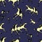 Galloping horses on blue background. Drawn seamless pattern. Silhouettes and linear figures of running horses of black and yellow