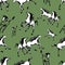 Galloping horses on green background. Drawn seamless pattern. Silhouettes and linear figures of running horses of black and white