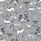 Galloping horses on grey background. Drawn seamless pattern. Silhouettes and linear figures of running horses of black and white