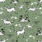 Galloping horses on light green background. Drawn seamless pattern. Silhouettes and linear figures of running horses of black and