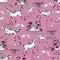 Galloping horses on pink background. Drawn seamless pattern. Silhouettes and linear figures of running horses of black and white