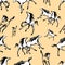 Galloping horses on yellow background. Drawn seamless pattern. Silhouettes and linear figures of running horses of black and white