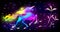 Galloping iridescent unicorn with luxurious winding mane prancing against the background of the fantasy universe with sparkling