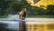 Galloping Through the River at Golden Hour