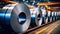 Galvanized steel rolls inside a factory or warehouse. Metallurgical production. Sheet metal for stamping. Selective focus