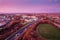 Galway, Ireland - 02.08.2023: N 6 main road at stunning sunset. Aerial drone view. Rich saturated color. Transportation and