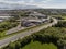 Galway, Ireland - 05/08/2020: Aerial view on NOX and Maldron hotel and car dealership, N6 road, Galway city and Atlantic ocean