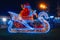 Galway, Ireland - 12.04.2021: Beautiful illuminated Santa Claus Christmas decorations, Salthill area. Soft and dreamy look. Night