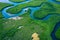 Gambia Mangroves. Aerial view of mangrove forest in Gambia. Photo made by drone from above. Africa Natural Landscape