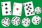 Gamble with dices rolling and different playing cards clubs, hearts and spades in background - illustration in simple clean design