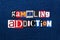 GAMBLING ADDICTION word text collage, multi colored fabric on blue denim, gambling urge addiction concept