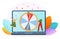 Gambling winner concept, vector illustration, flat tiny woman character win money in online game, man hold lucky wheel