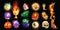 Game alchemical icon set, vector magic UI object, witch broomstick, wizard cauldron, potion bottle.