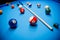 The game of American billiards. Multi-colored billiard balls on gaming table.