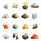 Game art environment low poly rock stone boulder cave cristal rune cartoon isometric 3d flat style icons set vector