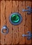 Game art wooden door with gem in the middle. Entrance to stone dungeon or secret room with treasures. Trading or collectible card