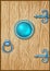 Game art wooden door with gem in the middle. Entrance to stone dungeon or secret room with treasures. Trading or collectible card