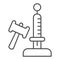 Game with button and hammer thin line icon, entertainment concept, High striker attraction with big hammer sign on white
