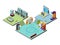 Game center. Amusement park for kids playing game machines arcade simulator racer boxing pinball vector isometric