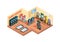 Game center isometric illustration. Room with slot machines and simulators an inside view electronic entertainment